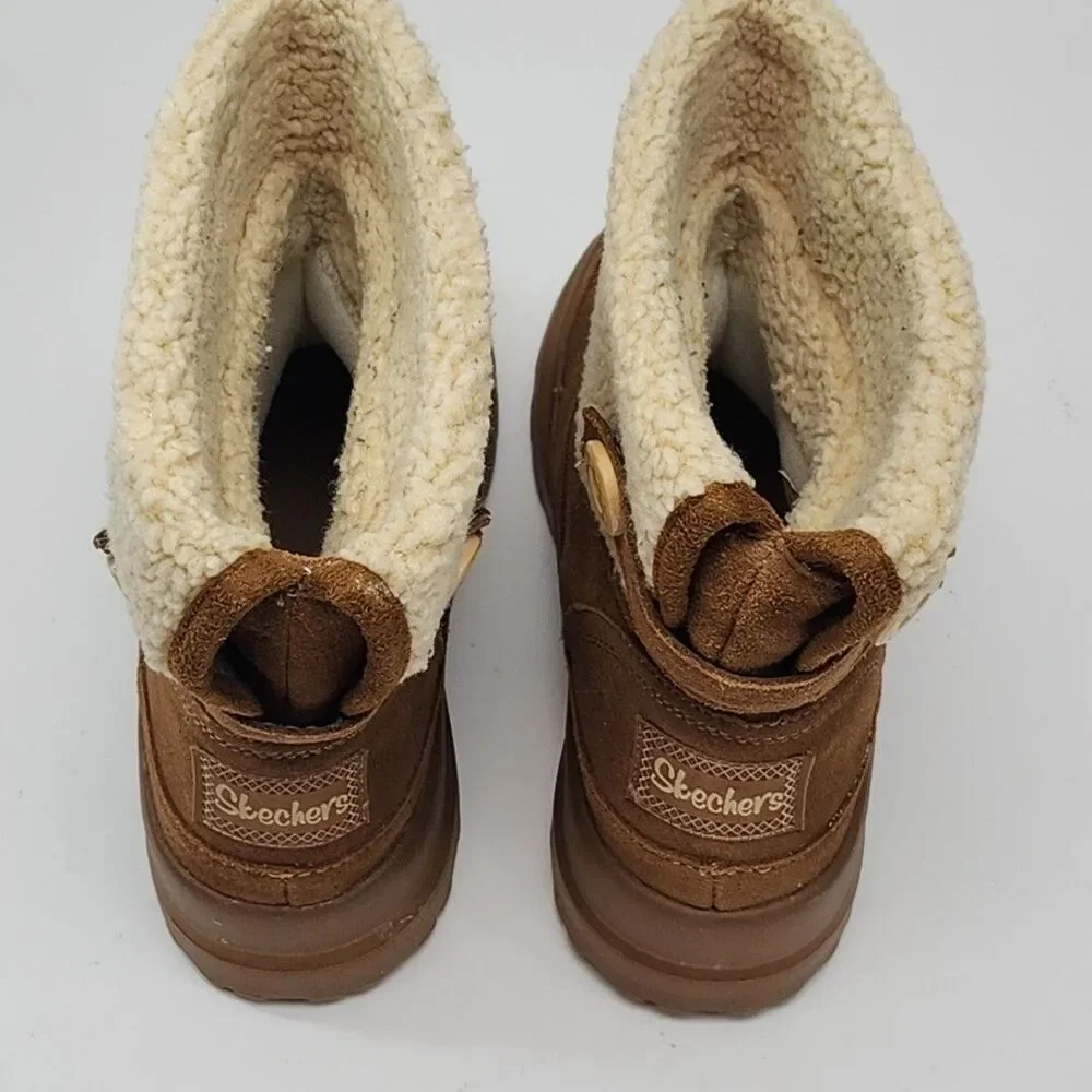 Skechers Boots Chestnut Brown Faux Sherpa Suede Women 10 Flat SN48676 Shoe Ankle